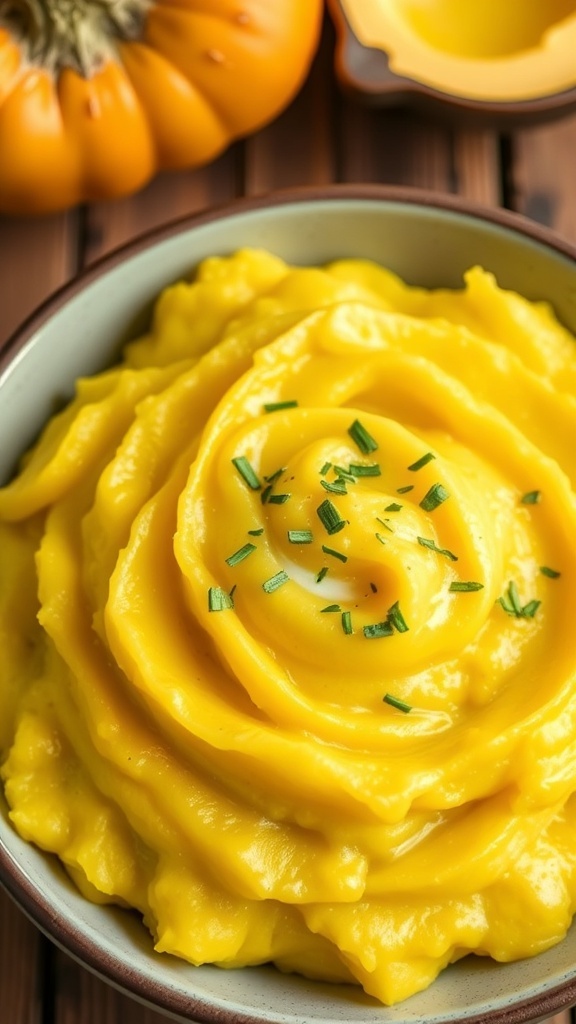 Creamy mashed yellow squash in a bowl, garnished with herbs, on a rustic wooden table.